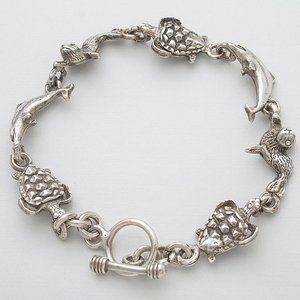 Vintage Real Sterling Silver Dolphin, Turtle, Otter Charm Bracelet Stamped 925